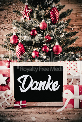 Vertical Tree, Gifts, Calligraphy Danke Means Thank You, Snowflakes