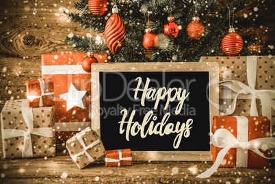 Tree, Gifts, Calligraphy Happy Holidays, Wooden Background