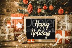 Tree, Gifts, Calligraphy Happy Holidays, Wooden Background