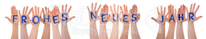 Many Hands Building Frohes Neues Means Happy New Year, Isolated