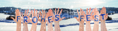 Hands Building Frohes Fest Means Merry Christmas, Winter Scenery As Background