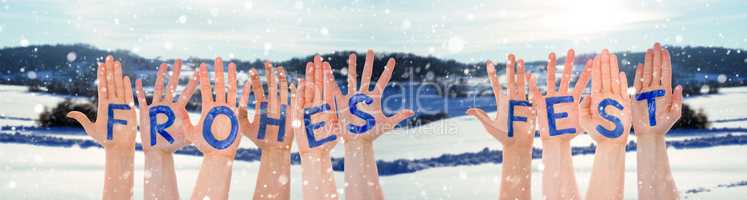Hands Building Frohes Fest Means Merry Christmas, Winter Scenery As Background