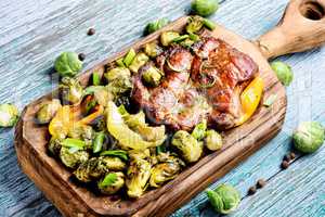 Meat steak with brussels sprouts