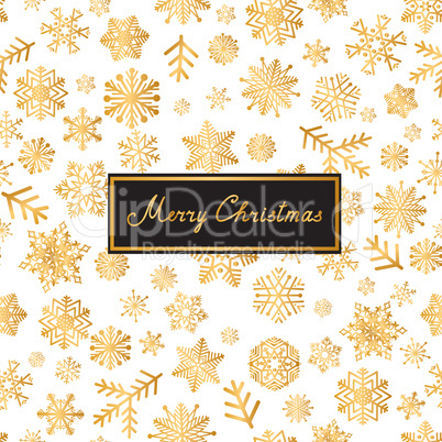 Merry Christmas lettering greeting card. Snow pattern with golden snowflakes