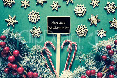 Black Christmas Sign,Lights, Willkommen Means Welcome, Retro Look