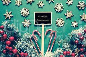 Black Christmas Sign,Lights, Willkommen Means Welcome, Retro Look