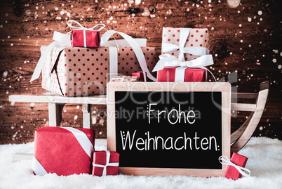 Sled With Gifts, Calligraphy Frohe Weihnachten Means Merry Christmas