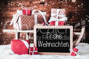Sled With Gifts, Calligraphy Frohe Weihnachten Means Merry Christmas