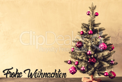 Tree With Purple Balls, Calligraphy Frohe Weihnachten Means Merry Christmas