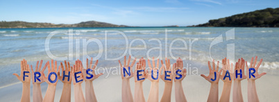 Many Hands Building Frohes Neues Means Happy New Year, Beach And Ocean