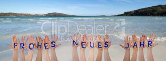 Many Hands Building Frohes Neues Means Happy New Year, Beach And Ocean