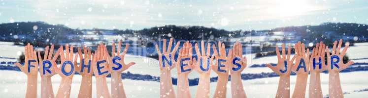 Many Hands Building Frohes Neues Means Happy New Year, Winter Scenery