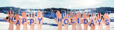 Many Hands Building Happy Holidays, Winter Scenery As Background