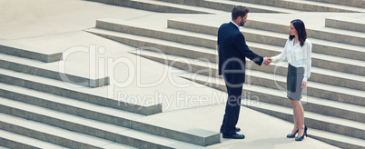 Asian Woman Caucasian Businessman Handshake City Steps