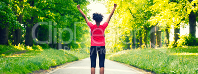 Young Woman Teenager Fitness Running Celebrating Panorama