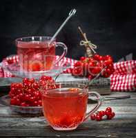 viburnum tea in a transparent cup and saucer on a gray wooden ta