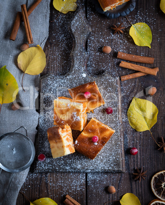 baked square pieces of pumpkin cheesecake