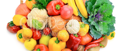 Fruits and vegetables isolated on a white. Wide photo .