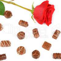 Assortment of chocolates and red rose isolated on white . Flat l