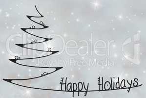 Christmas Tree, Happy Holidays, Grey Sparkling Background
