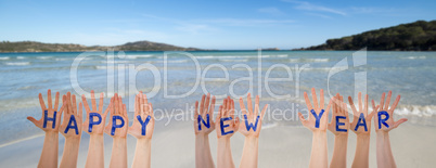 Many Hands Building Word Happy New Year, Beach And Ocean