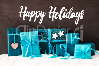 Turquoise Gifts, Calligraphy Happy Holidays, Snow, Cement Background