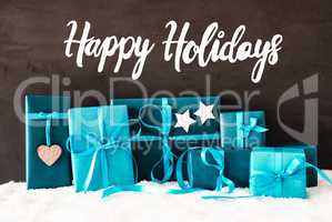 Turquoise Gifts, Calligraphy Happy Holidays, Snow, Cement Background