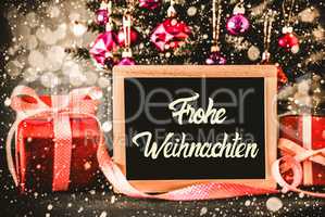 Bright Tree, Presents, Calligraphy Frohe Weihnachten Means Merry Christmas