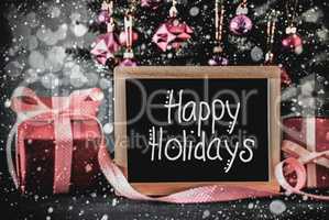 Tree, Purple Presents, Calligraphy Happy Holidays, Snowflakes