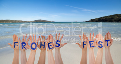 Many Hands Building Frohes Fest Means Merry Christmas, Beach And Ocean