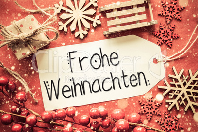 Flat Lay, Bright Decoration, Calligraphy Frohe Weihnachten Means Merry Christmas
