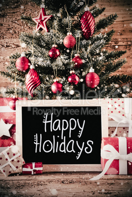 Vertical Tree, Christmas Gifts, Calligraphy Happy Holidays