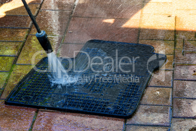 Woman in cleaning a car mat
