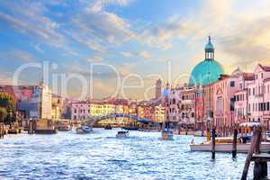 Scalzi bridge over Grand Canal and the dome of the Basilica in t