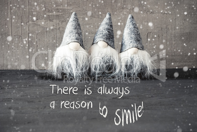 Three Gray Gnomes, Cement, Snowflakes, Quote Always Reason Smile