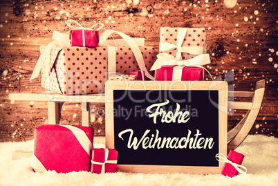 Sled With Gifts, Calligraphy Frohe Weihnachten Means Merry Christmas