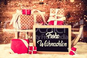 Sled With Gifts, Calligraphy Frohe Weihnachten Means Merry Christmas