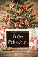 Vertical Tree, Gifts, Calligraphy Frohe Weihnachten Means Merry Christmas