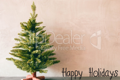 Green Tree, Calligraphy Happy Holidays, Pink Cement Background