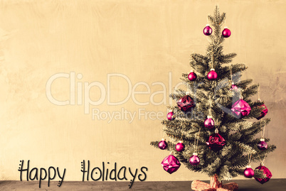 Tree With Purple Balls, Calligraphy Happy Holidays