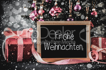 Tree, Presents, Calligraphy Frohe Weihnachten Means Merry Christmas