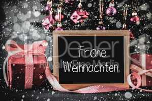 Tree, Presents, Calligraphy Frohe Weihnachten Means Merry Christmas