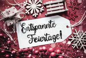 Flat Lay, Red Decoration, Calligraphy Entspannte Feiertage Means Merry Christmas