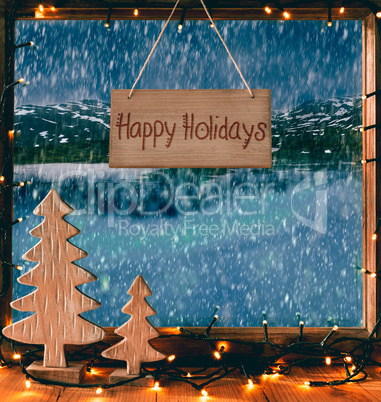 Christmas Window, Calligraphy Happy Holidays, Fairy Lights