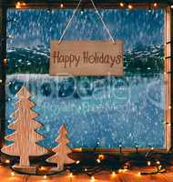 Christmas Window, Calligraphy Happy Holidays, Fairy Lights