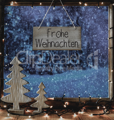 Window, Calligraphy Frohe Weihnachten Means Merry Christmas, Snowflakes