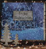 Window, Calligraphy Frohe Weihnachten Means Merry Christmas, Snowflakes