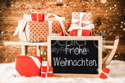 Sled With Many Gifts, Calligraphy Frohe Weihnachten Means Merry Christmas