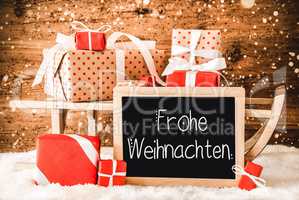 Sled With Many Gifts, Calligraphy Frohe Weihnachten Means Merry Christmas