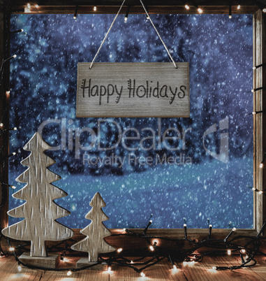 Window, Calligraphy Happy Holidays, Snowflakes, Fairy Lights